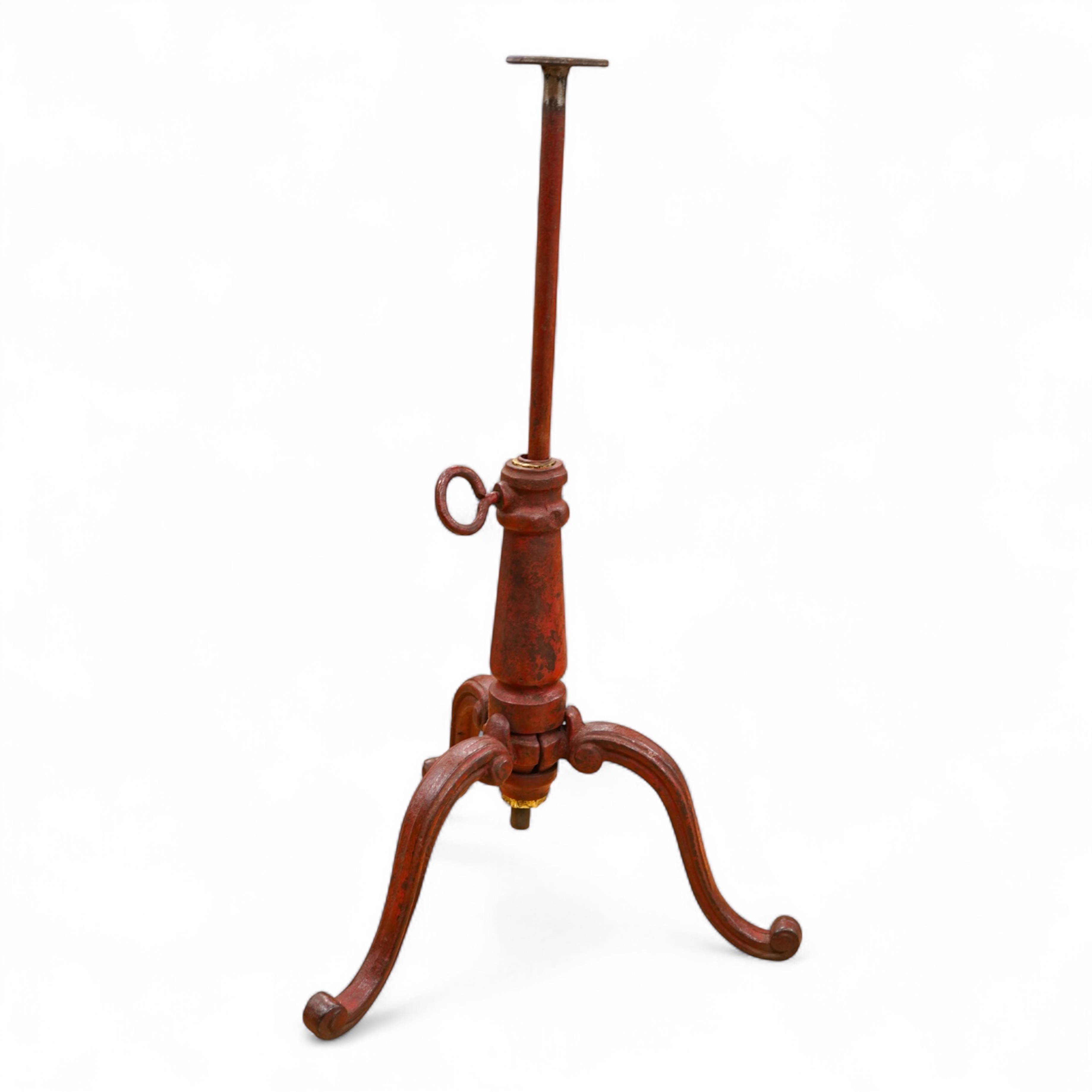 A 19th century red japanned (heavy) cast iron telescopic tripod base, 63cm minimum